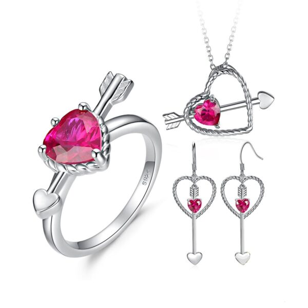 3pcs Cupid Arrow Love Heart Red Diamond Silver Jewelry Set - IDiamond