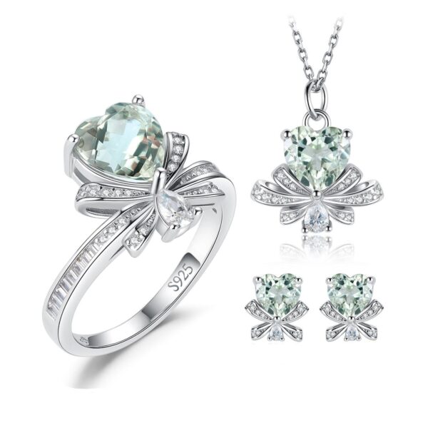 3pcs Bow Heart Green Amethyst Silver Jewelry Set - IDiamond